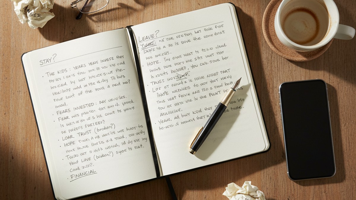 Open journal and phone on table representing someone deciding whether to stay after infidelity