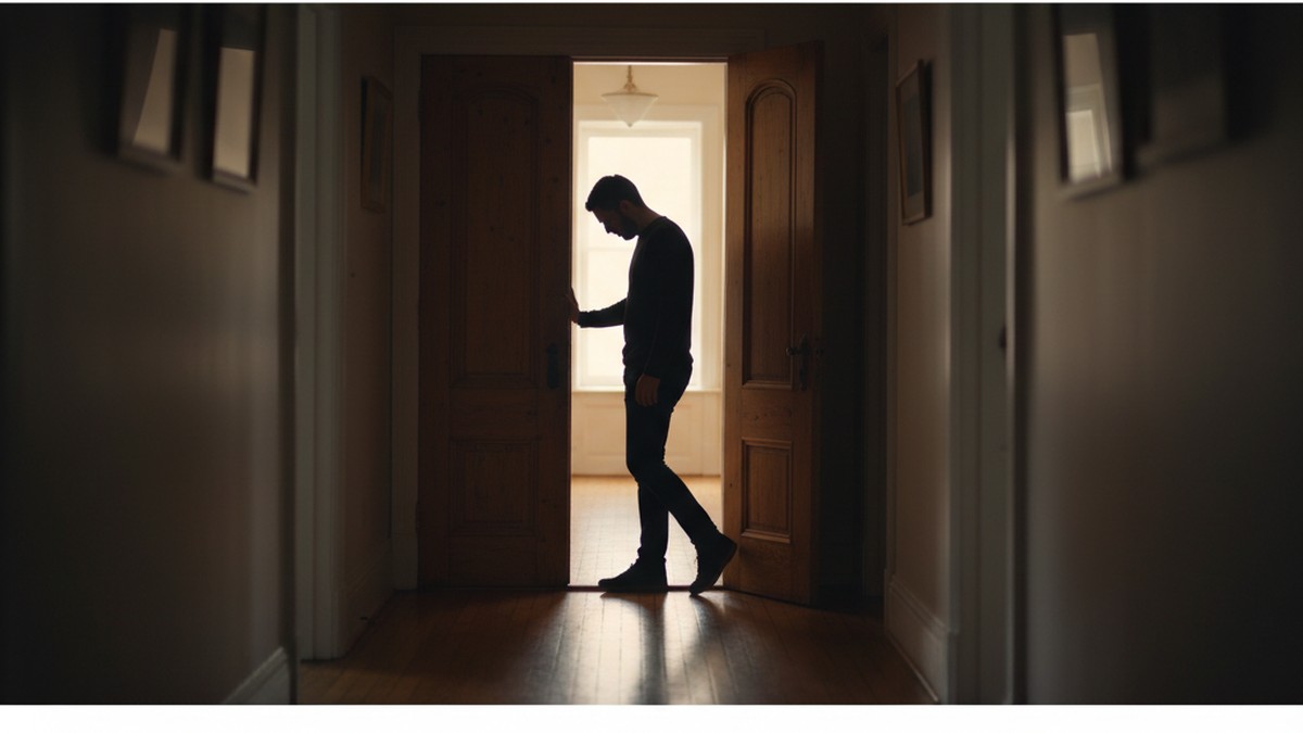 Person silhouetted in doorway representing the psychological difficulty of leaving after cheating