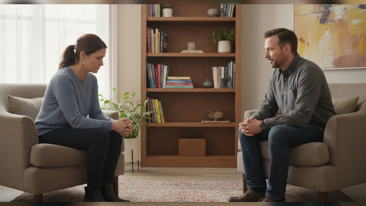 Two people in couples therapy session working on relationship recovery after infidelity