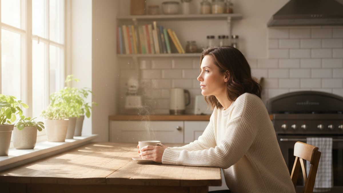 Woman sitting alone at kitchen table in thoughtful reflection, illustrating emotional complexity of female infidelity