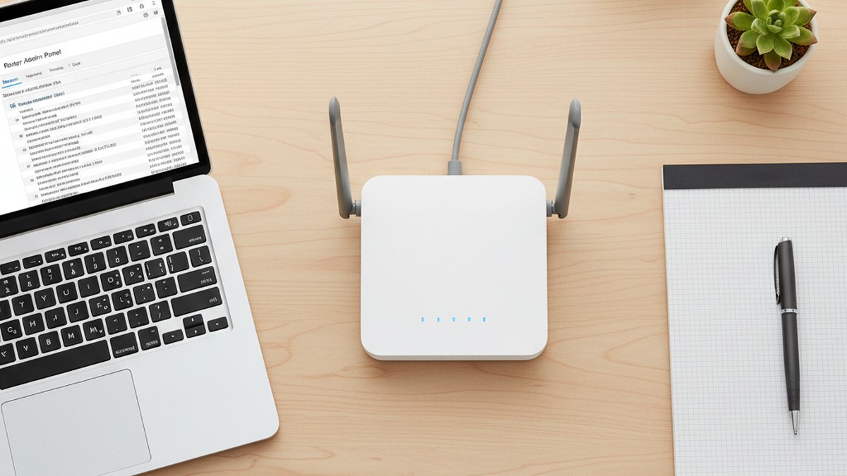 WiFi router and laptop on a desk showing router admin settings for log access
