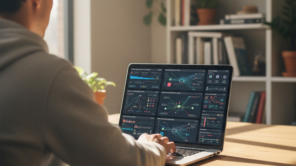 Person analyzing network data on laptop screen representing router log investigation