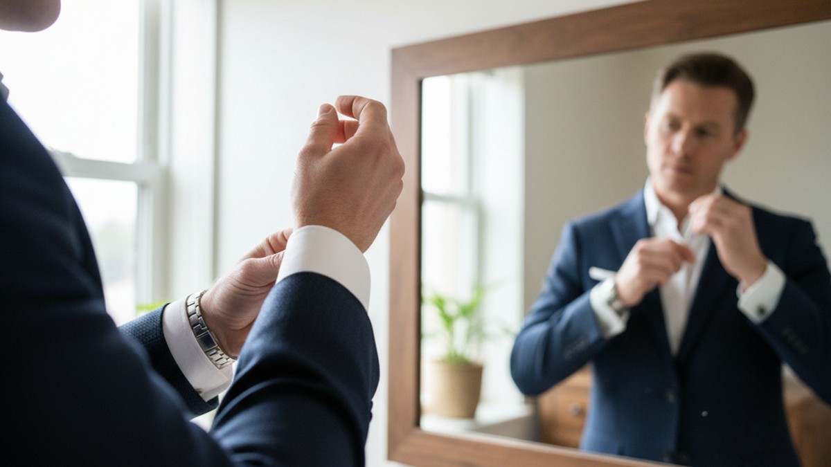Person checking their appearance in a mirror before work, adjusting their collar
