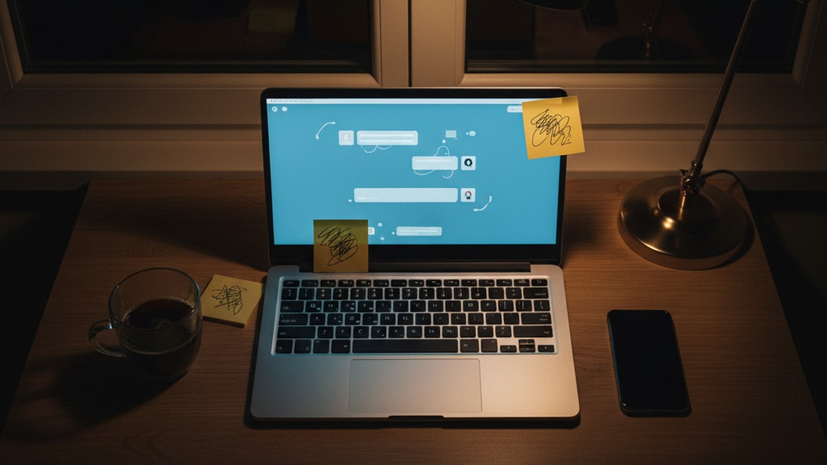 Overhead view of a laptop showing messaging at night, workplace affair digital signs