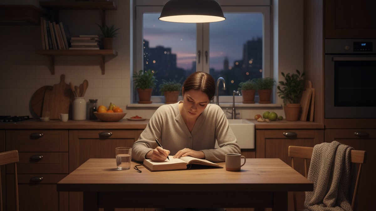 Person sitting at kitchen table writing in a journal, evaluating relationship concerns
