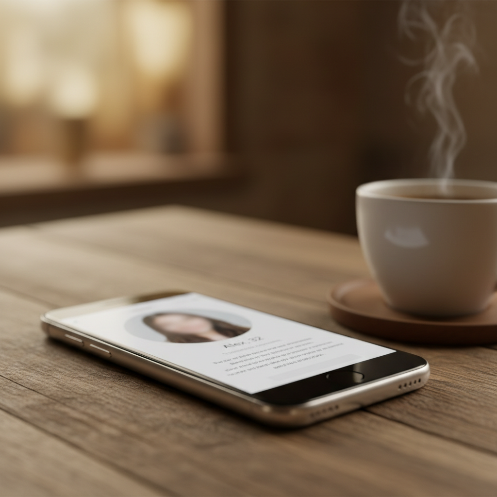 Smartphone showing a dating app profile on a wooden table