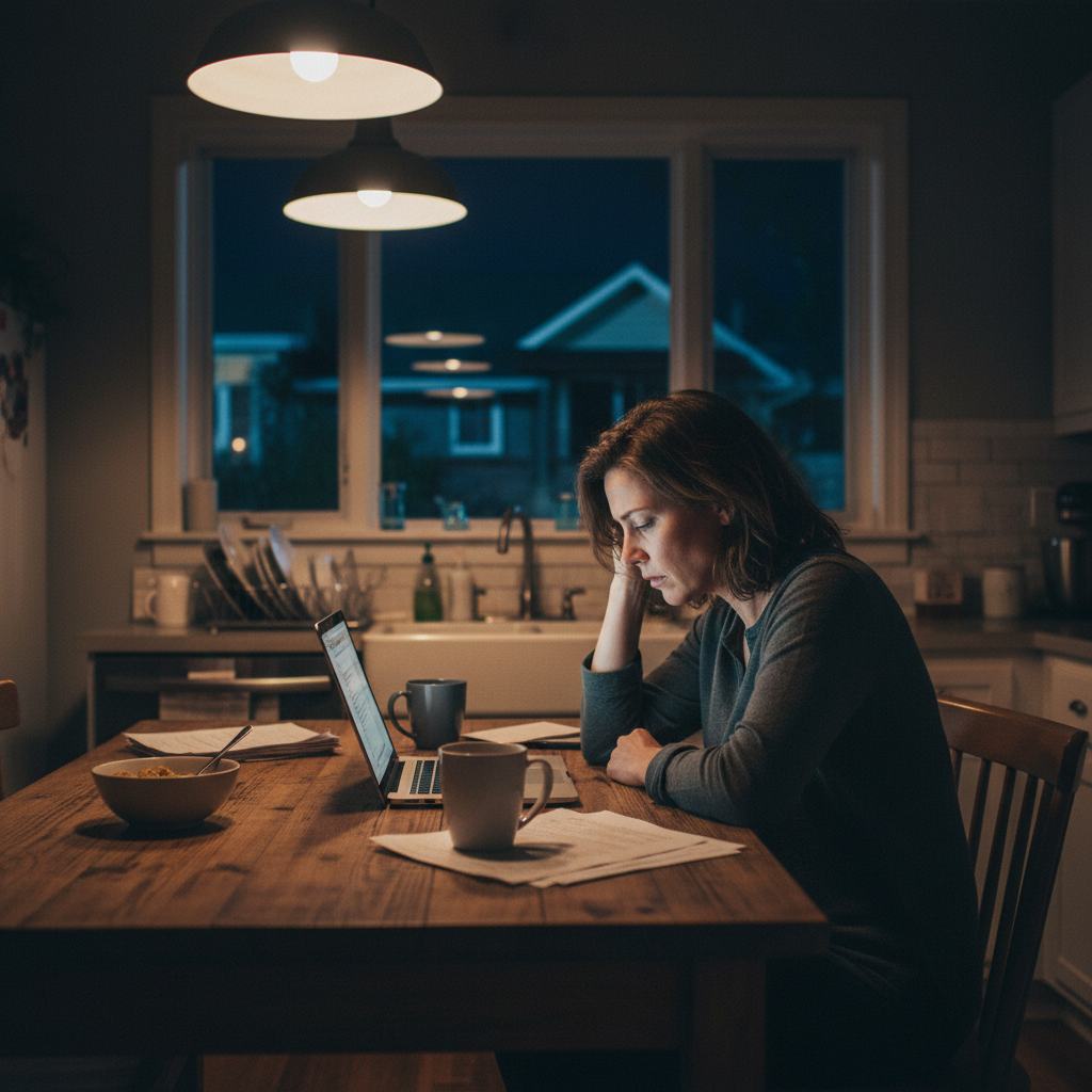 Person researching on a laptop late at night with concerned expression
