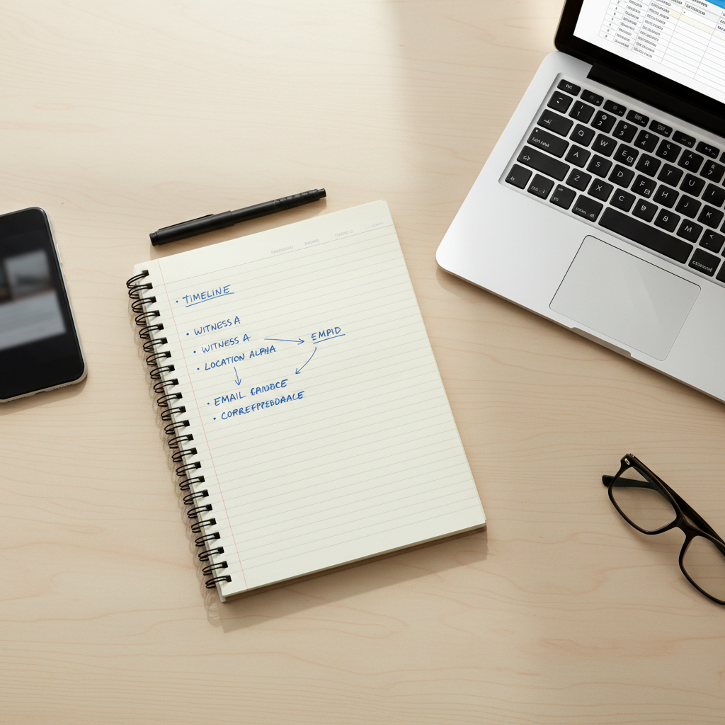 Notepad with handwritten notes next to a phone and laptop for documenting evidence