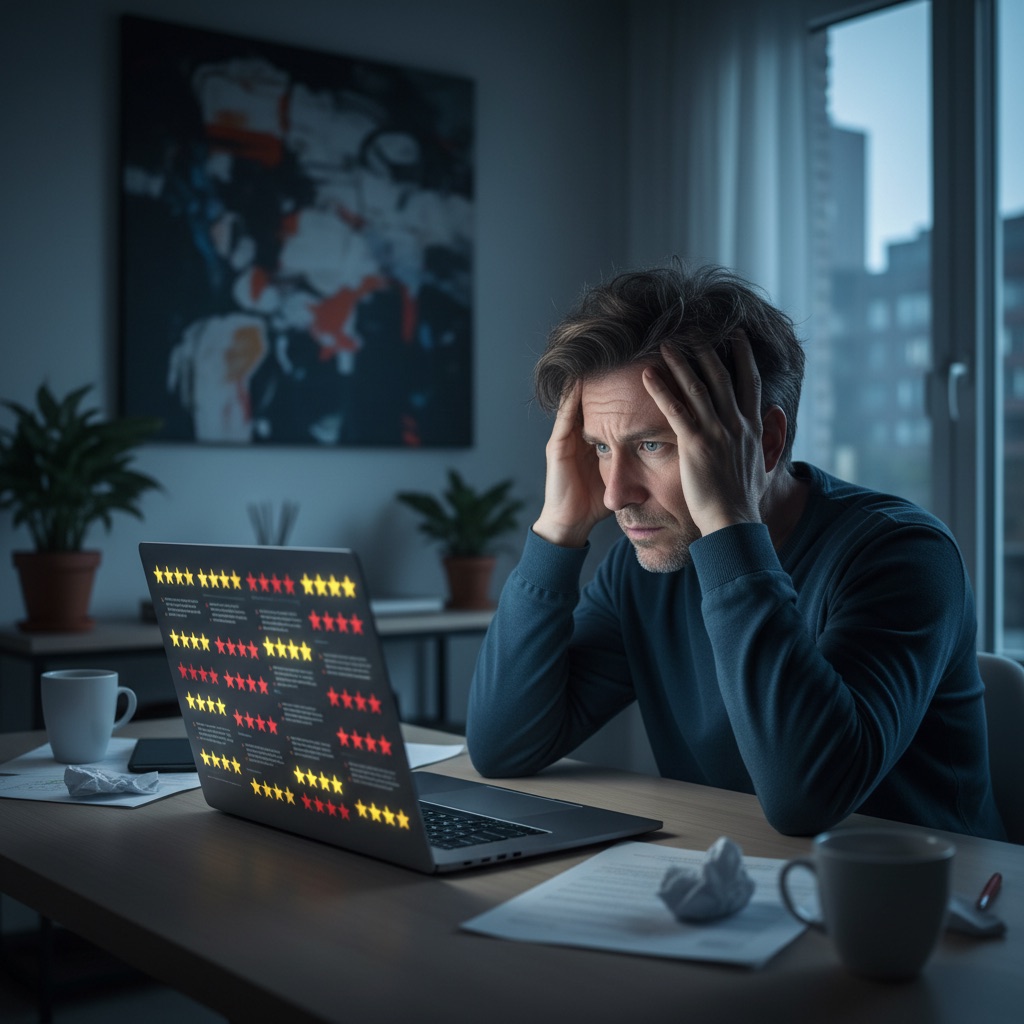 Person reviewing polarized online ratings and reviews